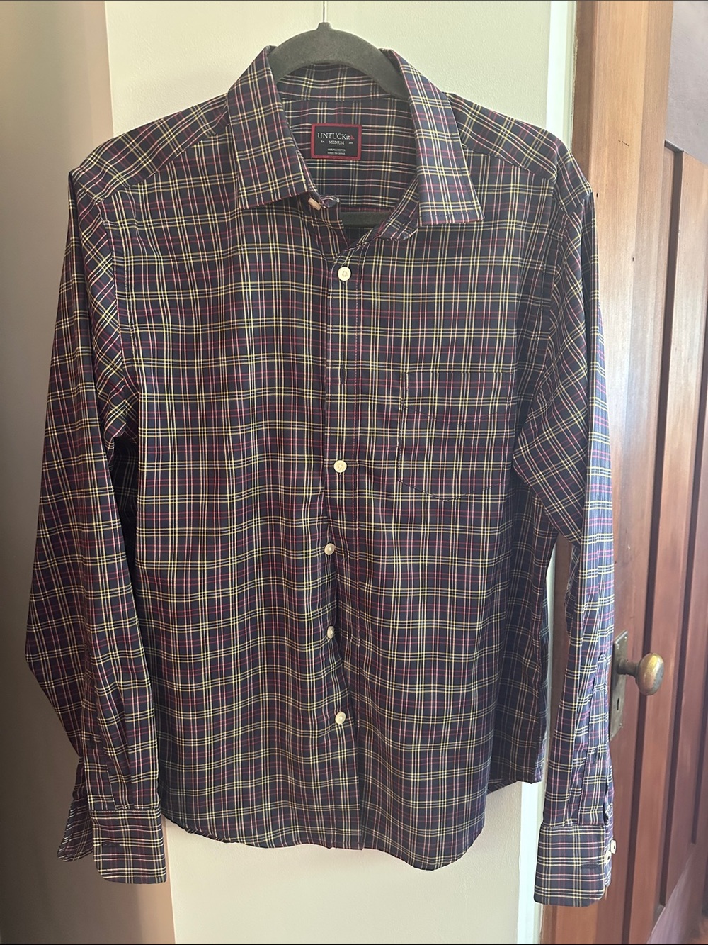 UNTUCKit Navy Plaid Button-Down Shirt with Green & Yellow Accents